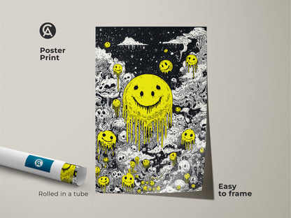 Poster print featuring a melting smiley face and skulls. This easy-to-frame poster is rolled in a tube for protection. The black and white artwork with a yellow smiley face is striking. This print is a great choice for adding some art to your space.