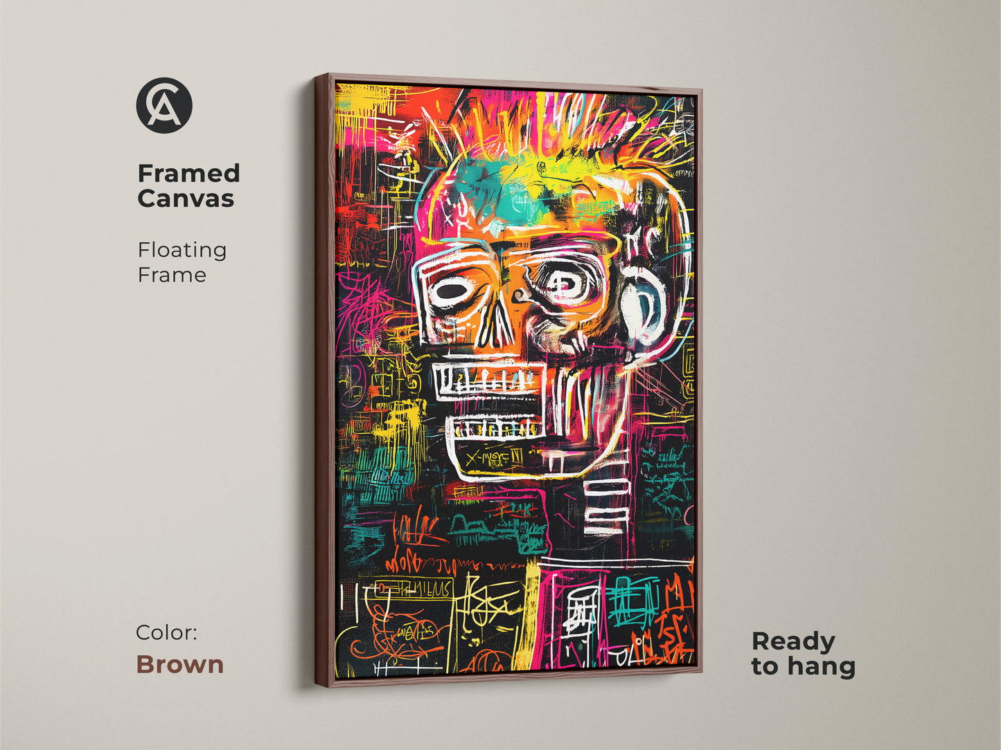 Framed canvas showcasing a skull artwork with a brown floating frame. This ready-to-hang piece adds a touch of modern art to your home. The brown frame complements the artwork's vibrant colors and intricate details. It's a stylish and hassle-free decor choice.