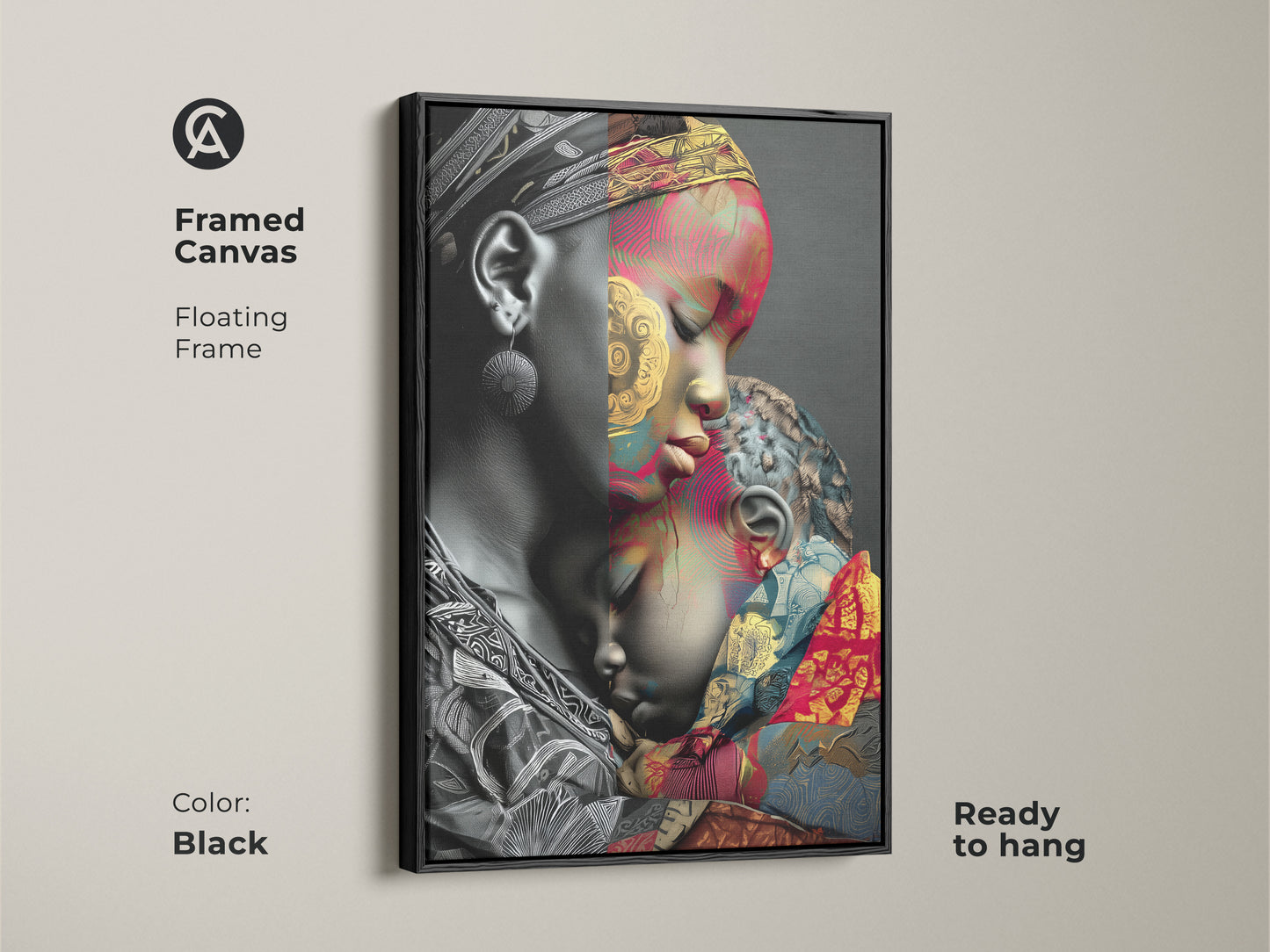 This framed canvas features 'Mother and Child' artwork. The floating frame adds to the contemporary wall decor. The black color complements the abstract expressionist art. It is ready to hang. The african patterned canvas print is perfect for eclectic home interiors. This family love art print features gold red and teal colors.