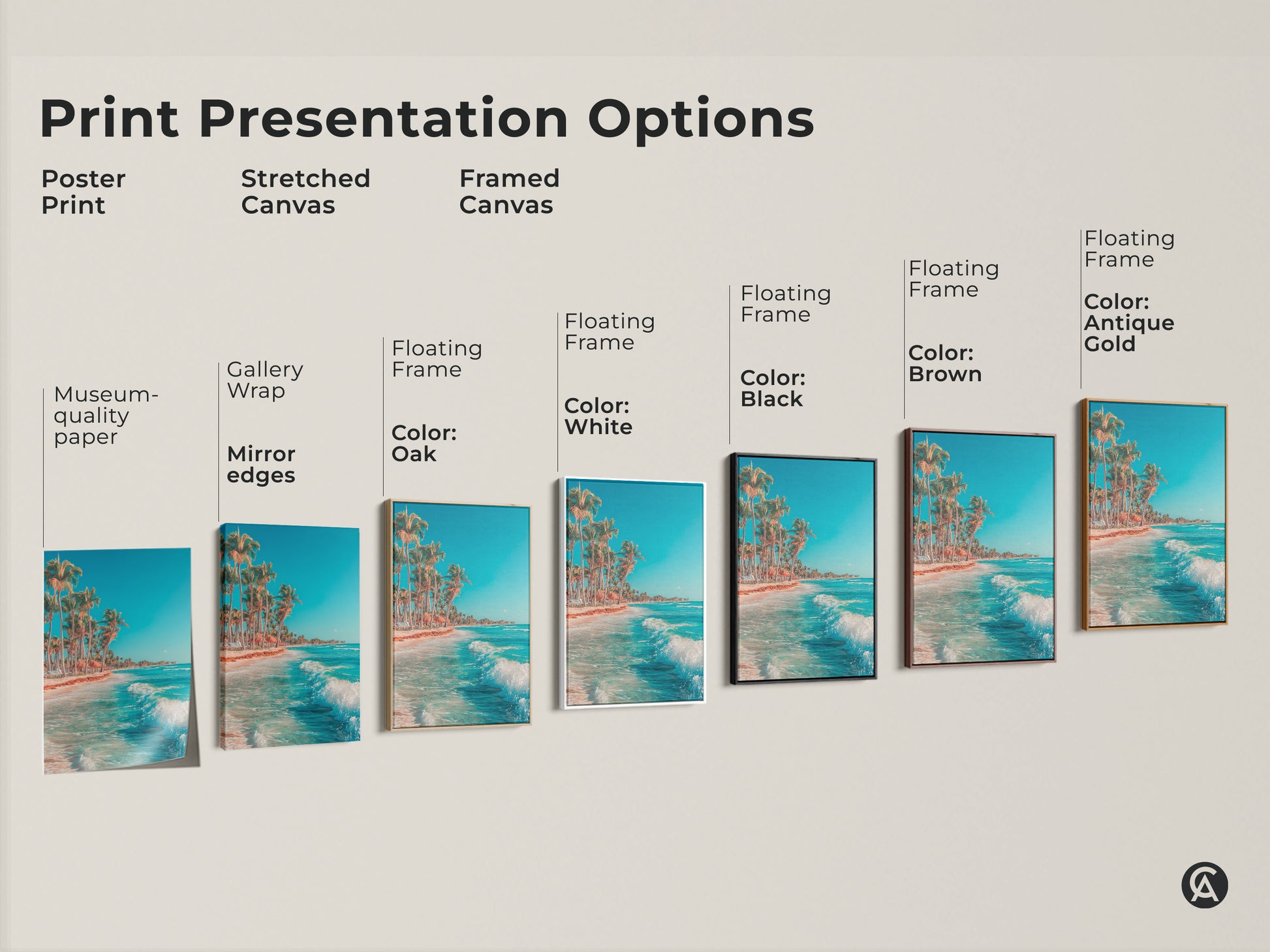 Explore print presentation options for beach artwork. Choose from poster prints stretched canvas and framed canvas. Customize your wall art with floating frames in various colors. Find the perfect style.