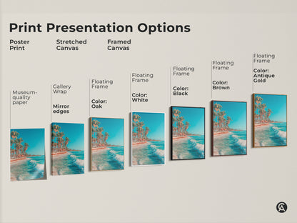 Explore print presentation options for beach artwork. Choose from poster prints stretched canvas and framed canvas. Customize your wall art with floating frames in various colors. Find the perfect style.