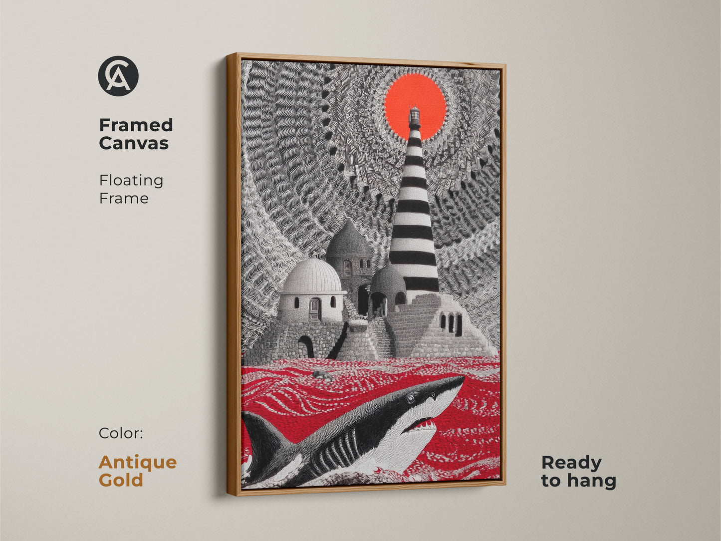 Antique Gold framed canvas showing surreal shark art. The crimson ocean canvas art includes a lighthouse offering fantasy wall decor. Ready to hang this nautical art is the perfect eclectic home decor gift.