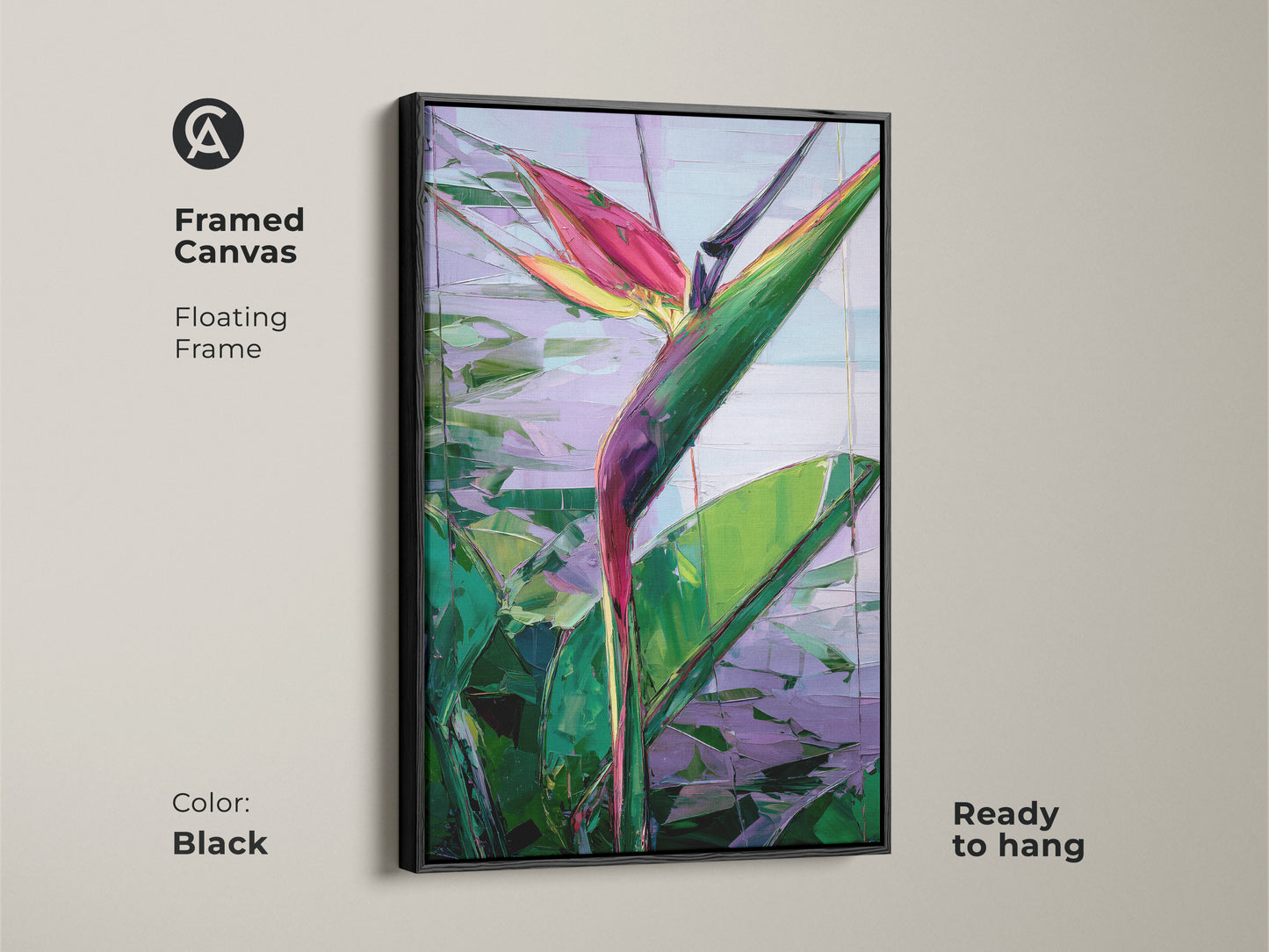 Framed canvas with a black floating frame displaying abstract Bird of Paradise. This ready to hang tropical botanical canvas brings boho style. Green pink and purple hues make it a unique artwork. Perfect housewarming gift to enhance living room or bedroom decor for plant lovers.