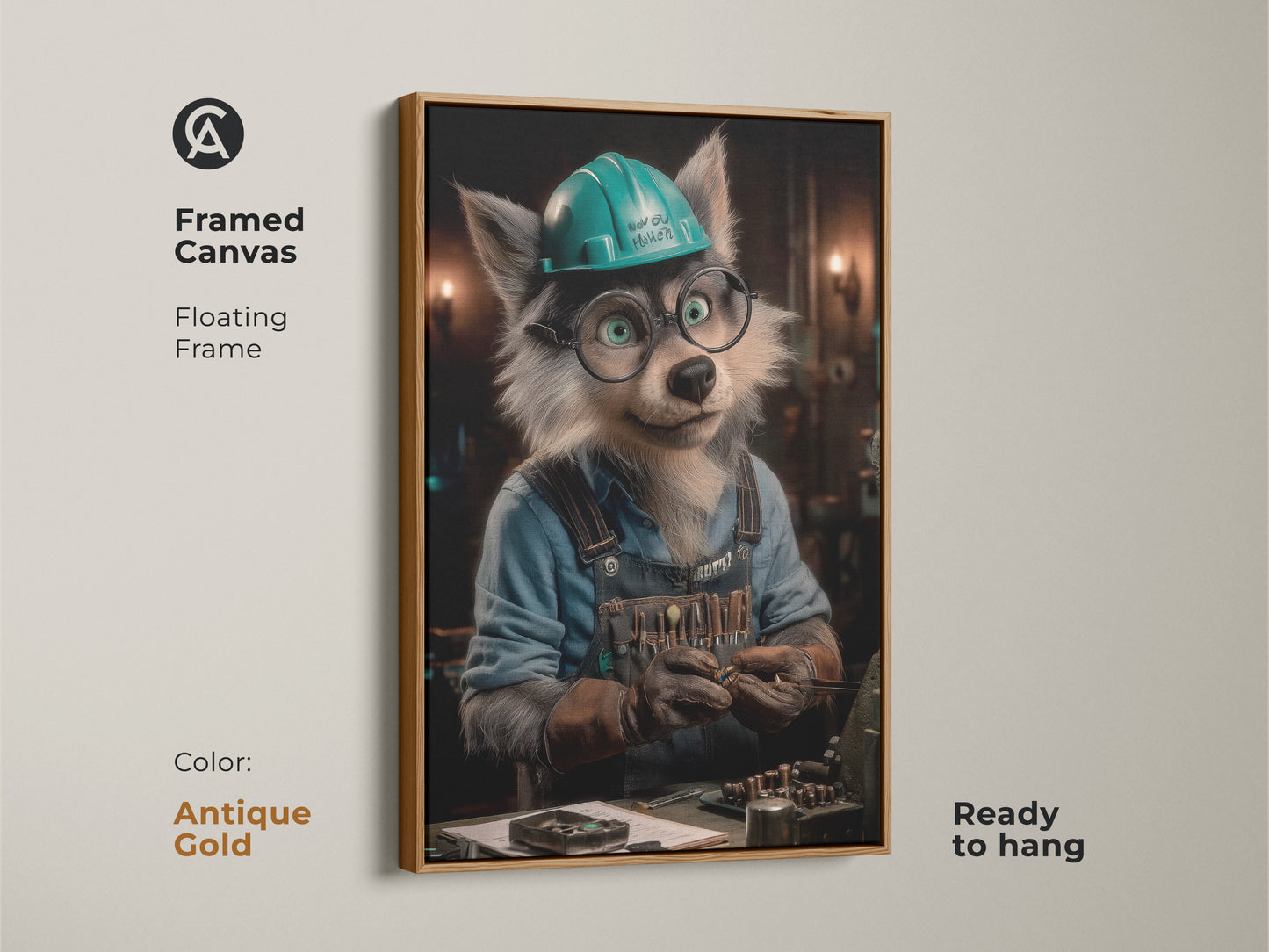 Framed wolf mechanic canvas art with white floating frame. This artwork features a wolf character in a teal hard hat. The piece is ready to hang and quirky. It's perfect as wall decor for mechanics. The print has a mechanical theme.