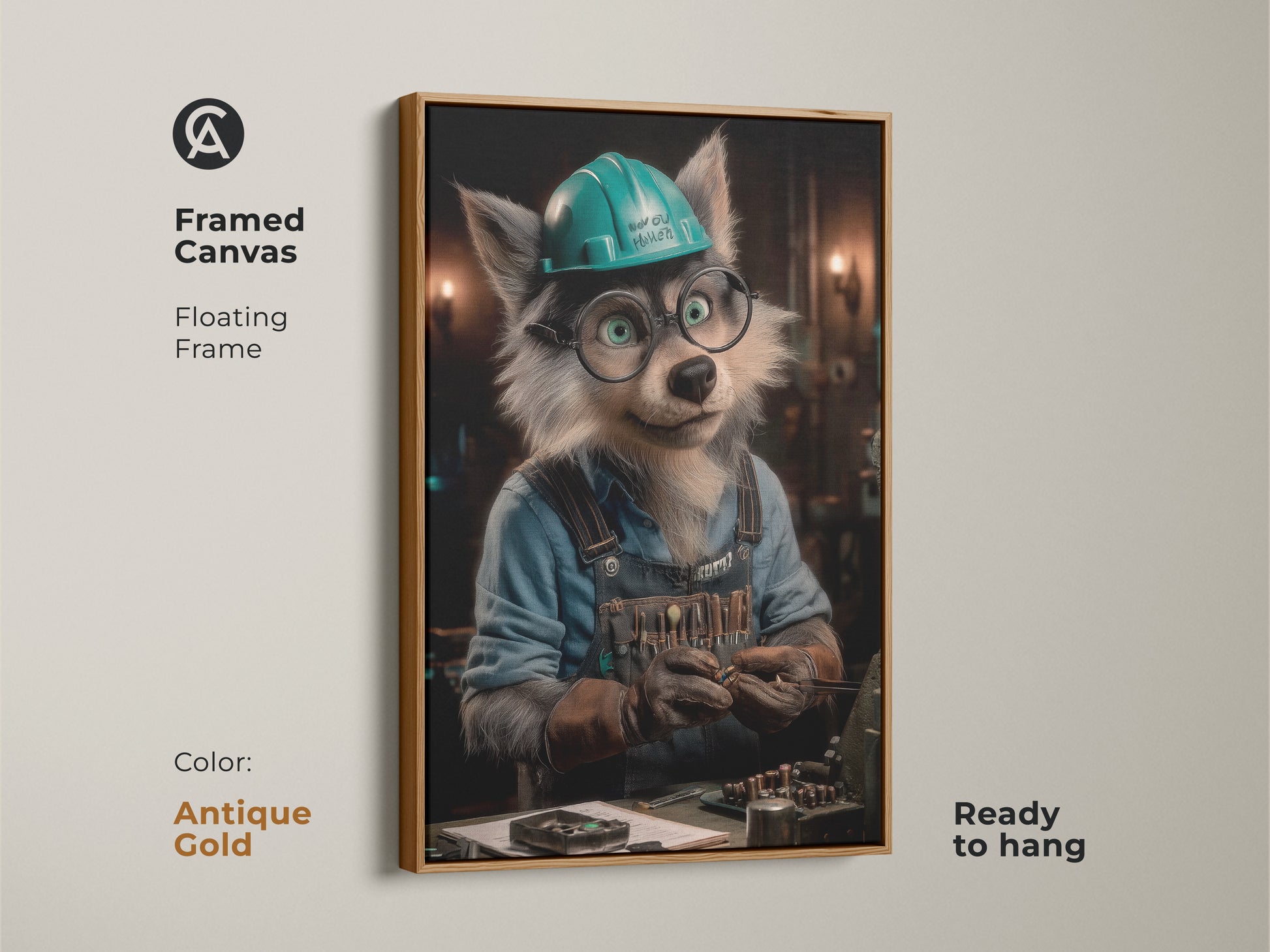 Framed wolf mechanic canvas art with white floating frame. This artwork features a wolf character in a teal hard hat. The piece is ready to hang and quirky. It's perfect as wall decor for mechanics. The print has a mechanical theme.
