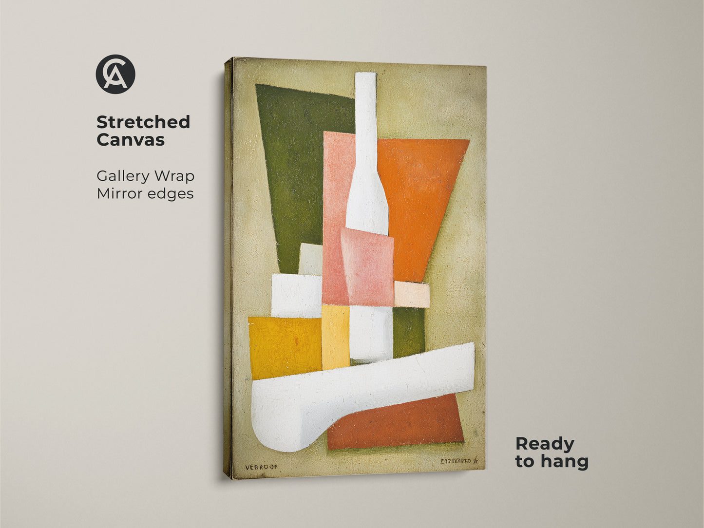 Stretched canvas of a mid-century modern abstract geometric art print. The gallery wrap features mirror edges. Ready to hang as dining room or office wall decor. Orange pink and green cubism style artwork offers a modern abstract painting.