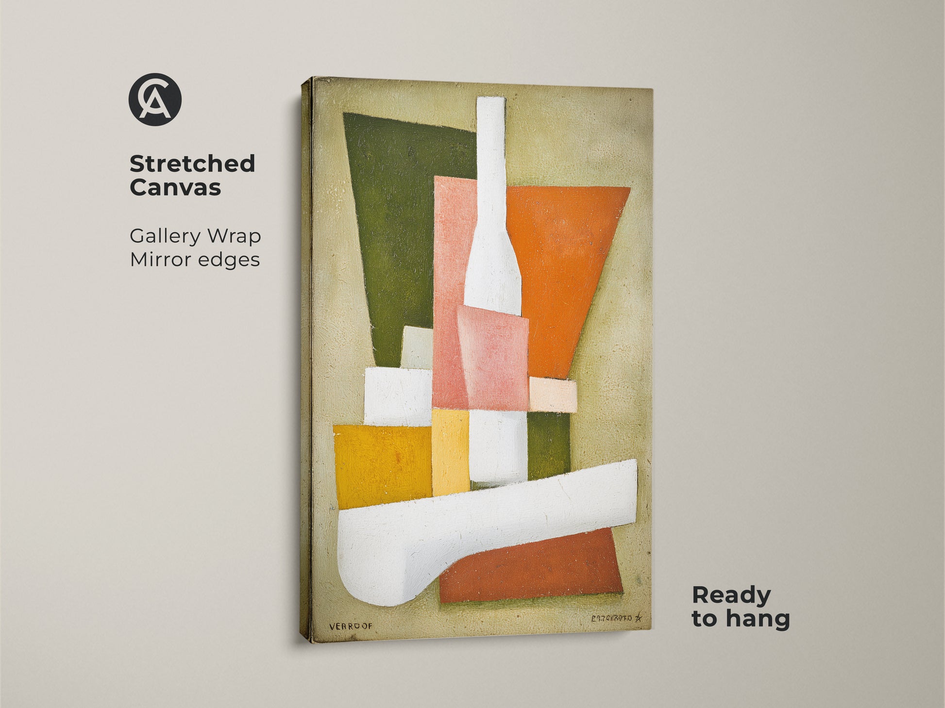 Stretched canvas of a mid-century modern abstract geometric art print. The gallery wrap features mirror edges. Ready to hang as dining room or office wall decor. Orange pink and green cubism style artwork offers a modern abstract painting.