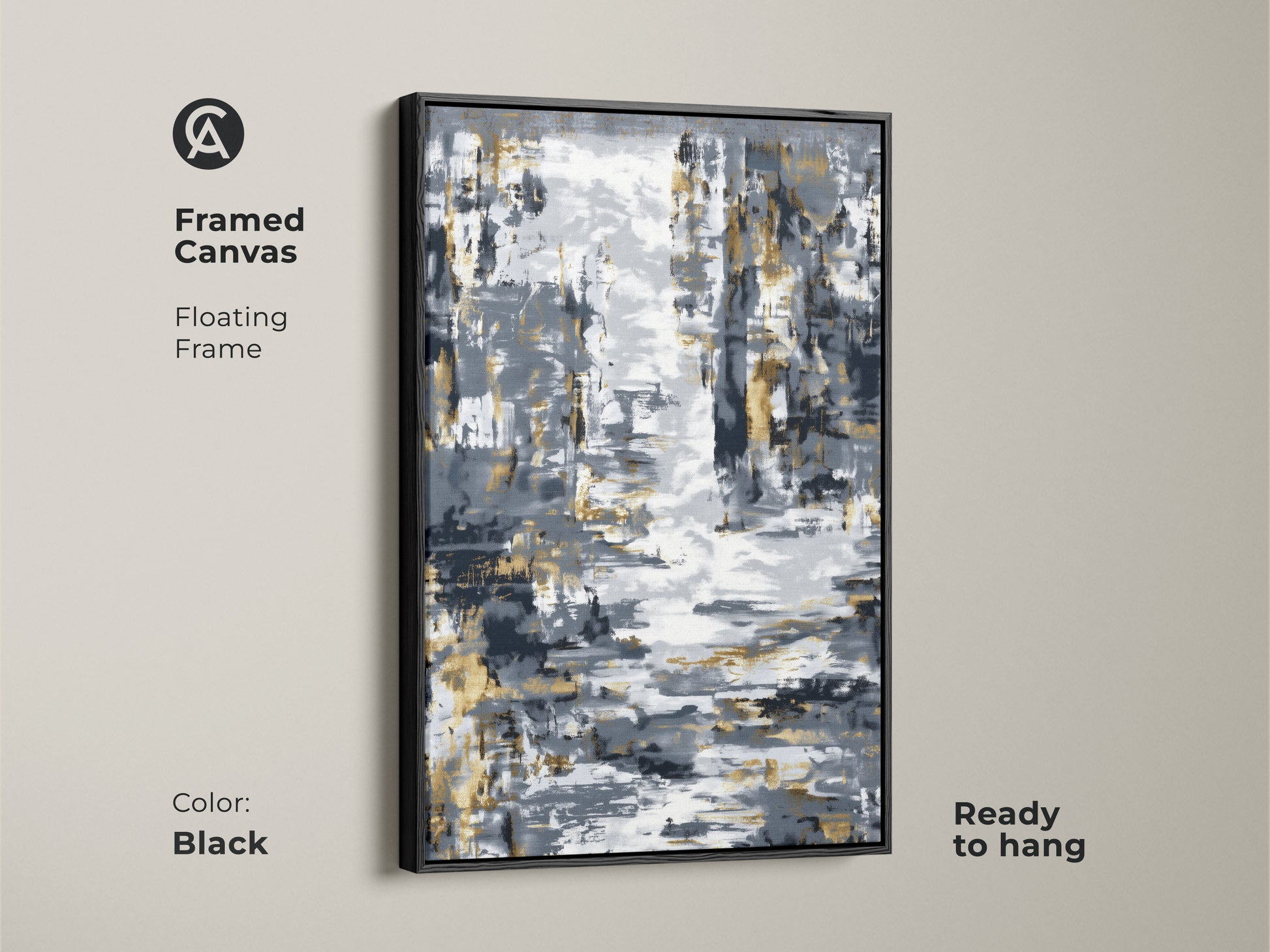Framed canvas featuring charcoal and gold abstract art with a black floating frame. This contemporary abstract print is ready to hang. It adds a modern touch to any space. Ideal art for living room modern or entryway wall decor modern.