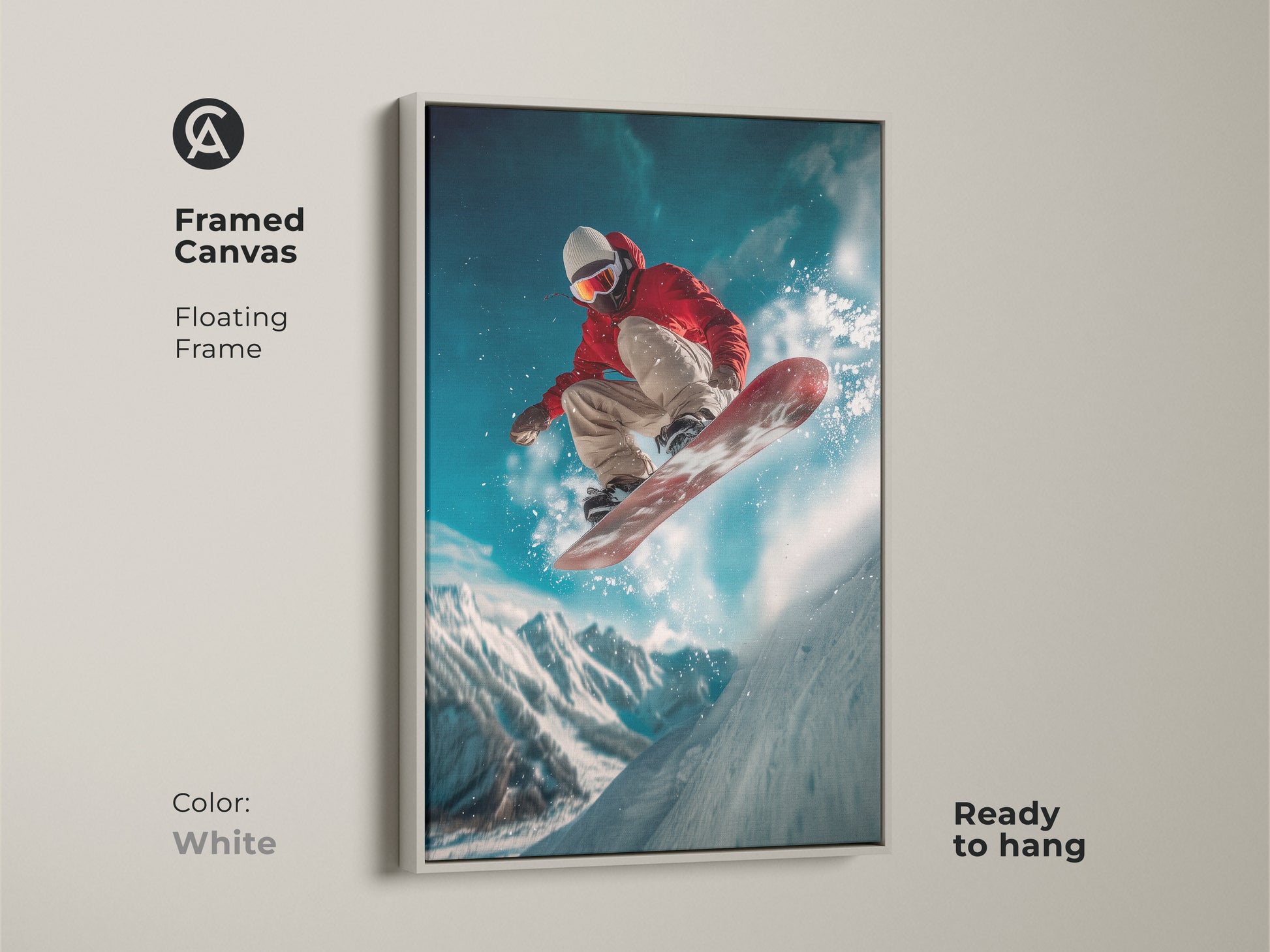 A snowboarder is captured mid-air in this framed canvas artwork. The white floating frame gives a clean modern look. It is a ready-to-hang piece ideal for contemporary spaces. Add a sporty touch to your home decor with this piece. This white frame blends seamlessly