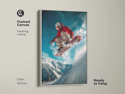 A snowboarder is captured mid-air in this framed canvas artwork. The white floating frame gives a clean modern look. It is a ready-to-hang piece ideal for contemporary spaces. Add a sporty touch to your home decor with this piece. This white frame blends seamlessly