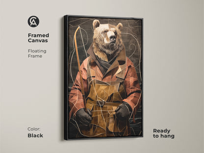 Framed Canvas with a black floating frame displays the Eclectic Bear Fisherman artwork. The abstract animal portrait is ready to hang offering a sophisticated touch. Terracotta and gold tones enhance this unique wall hanging. Perfect for study decor or a gift for outdoor lovers.