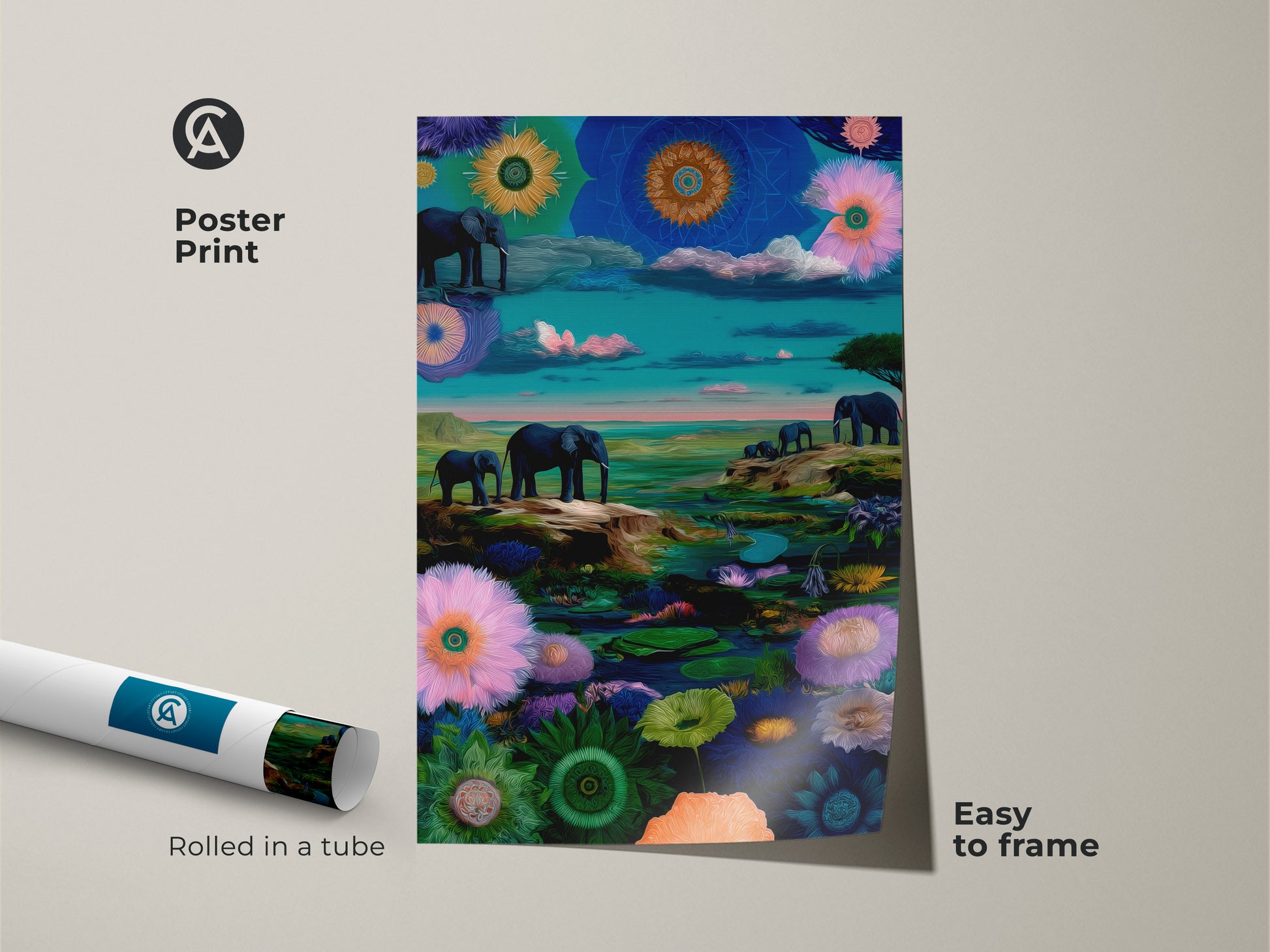Poster print of surreal elephant artwork. This blue canvas art is easy to frame. The rolled poster features eclectic safari decor. Fantasy animal artwork with a nature landscape print.