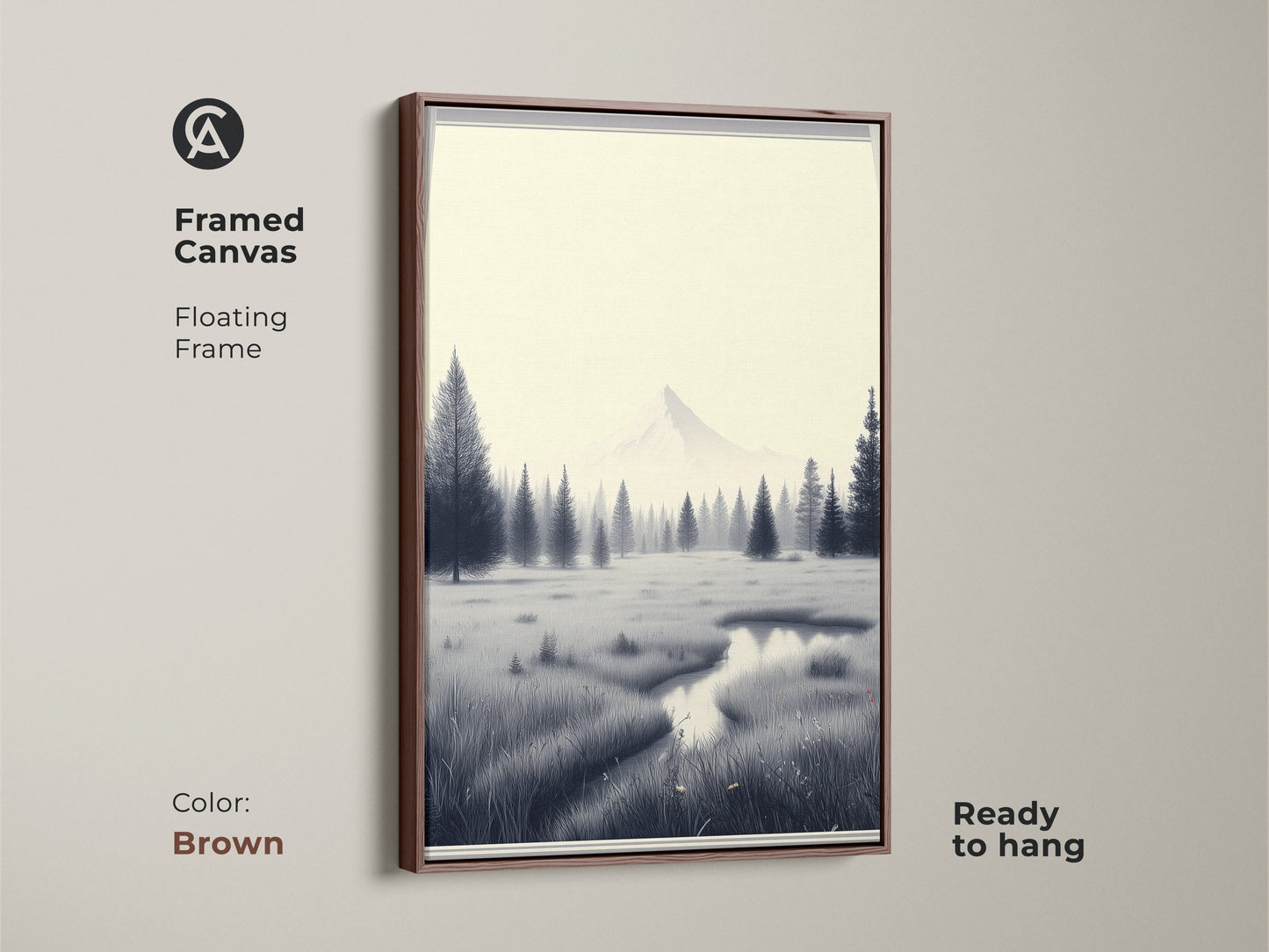 Framed canvas art featuring minimalist mountain artwork with a floating frame in brown. This monochrome nature wall art is ready to hang. The Scandinavian pine tree canvas print is perfect for a bedroom. Elegant black and white landscape.