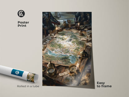 Poster print of a fantasy strategy meeting. The art features a detailed map and war planning elements. The poster art is easy to frame. Rolled and shipped in a protective tube this poster is a great addition to any art collection.