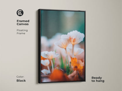 Black framed canvas art. This artwork features a close-up of delicate white mushrooms. The black floating frame adds a touch of modern sophistication. It's ready to hang and enjoy in your home or office.