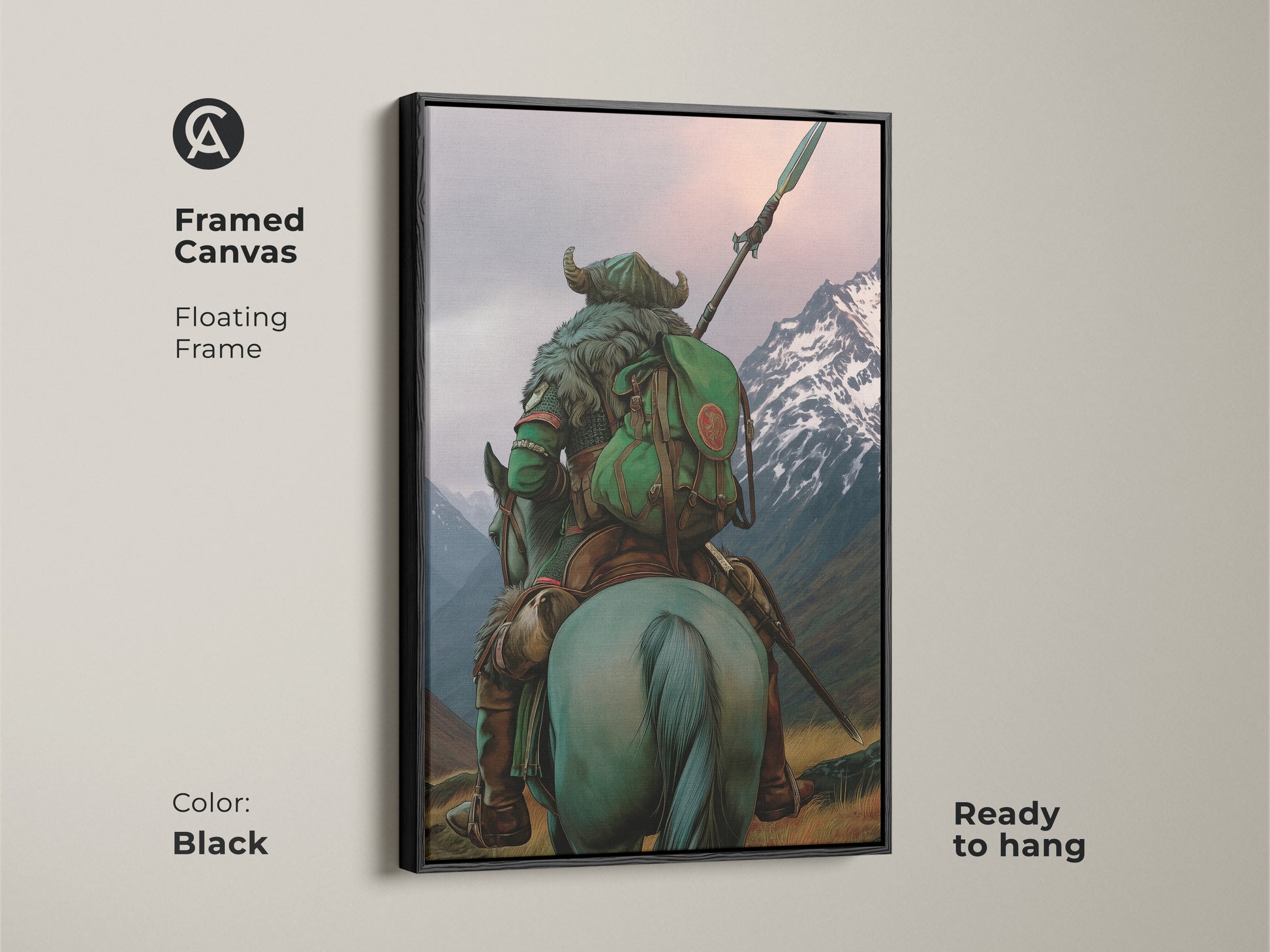 Add sophistication to your wall with this framed canvas print featuring a dark fantasy warrior on horseback. The floating frame in black enhances the teal and grey tones of the mountain landscape. Ready to hang. An adventure art for office or eclectic bedroom decor. Perfect gamer wall art.