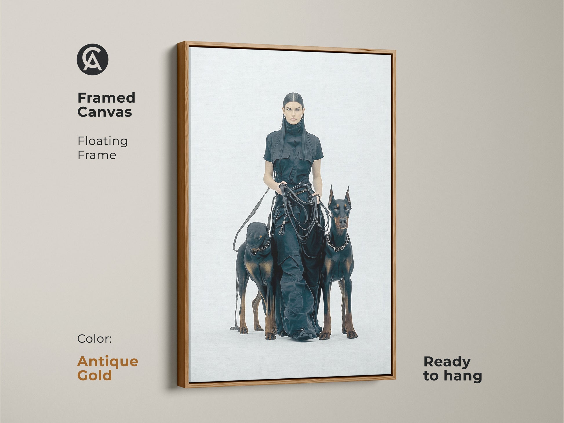 Framed canvas art featuring a woman with Dobermans in an antique gold floating frame. Ready to hang. This monochrome minimalist art adds sophistication to any room. Perfect for dog lovers. Contemporary wall art.