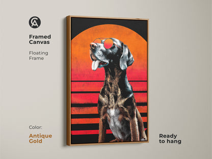 Antique gold framed canvas of a sunglasses dog. It's in a retro pop art style. Features an orange and black sunset. The artwork is ready to hang. Great eclectic pet portrait for any cool animal lover. A modern touch.