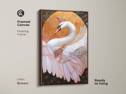 Brown Framed Canvas with a crowned swan. It adds a touch of royalty to any room. Regal swan wall art. Fantasy bird artwork makes a great swan lover gift. Gold and white swan makes for opulent wall hanging. This is ready to hang for easy install.