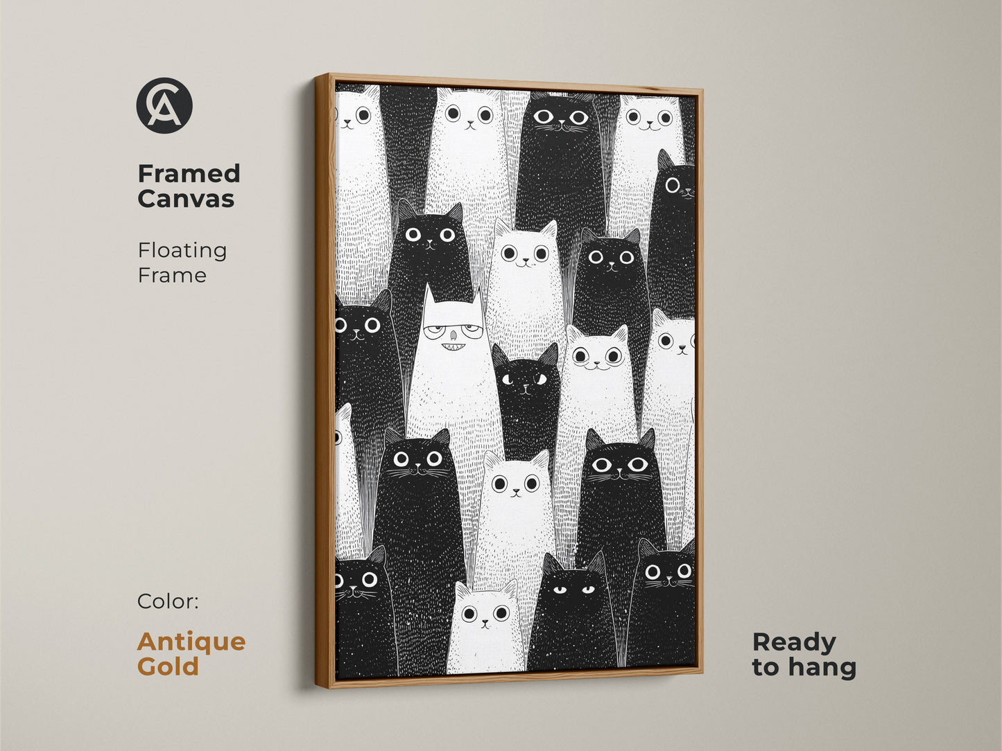 Antique Gold framed canvas featuring minimalist cat artwork. Black and white feline print. This modern art suits cat lovers. Ready to hang pet portrait art.