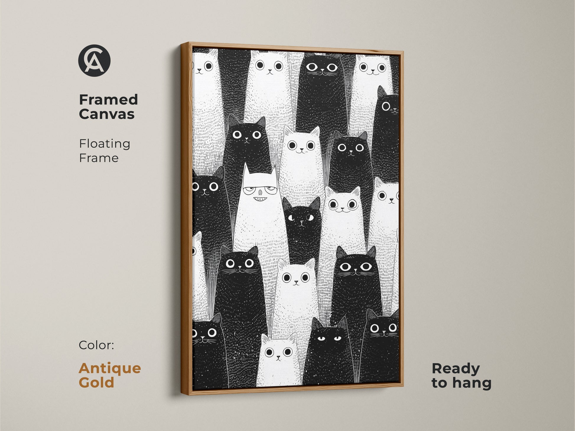 Antique Gold framed canvas featuring minimalist cat artwork. Black and white feline print. This modern art suits cat lovers. Ready to hang pet portrait art.