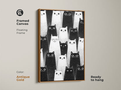 Antique Gold framed canvas featuring minimalist cat artwork. Black and white feline print. This modern art suits cat lovers. Ready to hang pet portrait art.