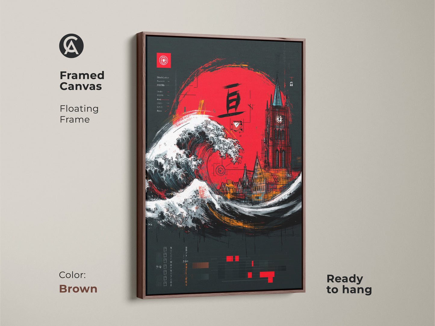 Framed canvas showcasing Crimson Red Ukiyo-e Wave & Gothic Tower artwork. It is ready to hang with a floating brown frame. The Japanese cityscape wall art features a bold red sun. The eclectic travel gift adds a unique artistic flair to any home or office decor.