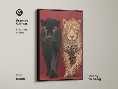 A framed canvas featuring a black panther and jaguar. This wildlife animal artwork has a floating frame in black. A ready-to-hang regal animal art piece. Perfect as powerful animal print home decor. Enhance your space with this contemporary animal theme art print today. It is a unique animal lover gift