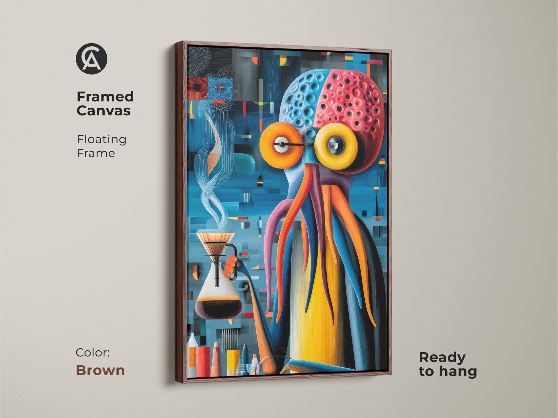 This framed canvas presents a surreal octopus making coffee. The abstract art showcases an octopus with a pour-over. The canvas comes with an antique gold floating frame. It is an eclectic addition to kitchen decor. A unique gift for coffee enthusiasts. The canvas arrives ready to hang.