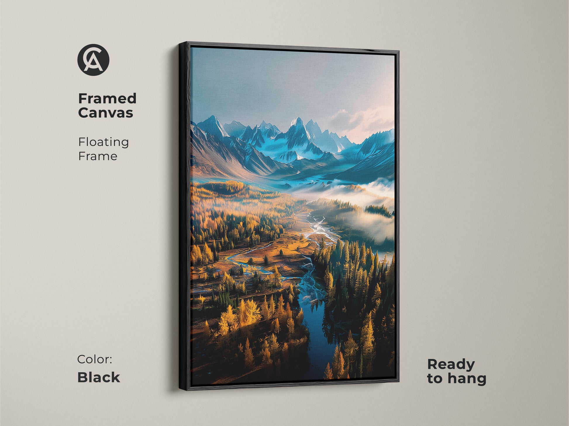 Black framed canvas art print of a mesmerizing mountain river landscape. The floating frame adds a touch of elegance to this ready-to-hang artwork. Elevate your home decor with this sophisticated piece. Browse our framed canvas art collection now