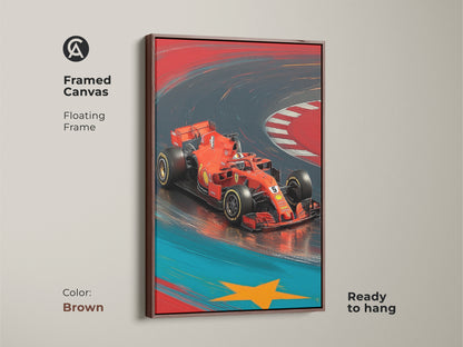 Framed canvas art with a brown floating frame that showcases a vibrant red F1 car. This high speed racing art is perfect for any office workspace. Ready to hang this illustrative car art makes for cool garage art.
