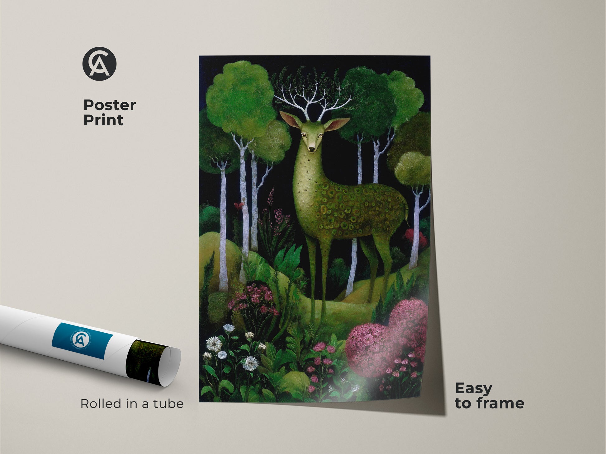 Poster print of a green deer forest art piece rolled in a tube easy to frame. This boho woodland animals canvas showcases an emerald green nature scene. Perfect housewarming gift for nature lovers.