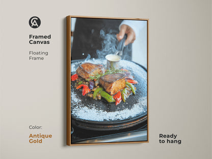 Antique Gold Framed Canvas of Gourmet Filet Mignon. This ready-to-hang artwork offers a sophisticated touch to restaurant interiors. The contemporary style and rich colors make it an appetizing focal point. Floating frame enhances the visual appeal.
