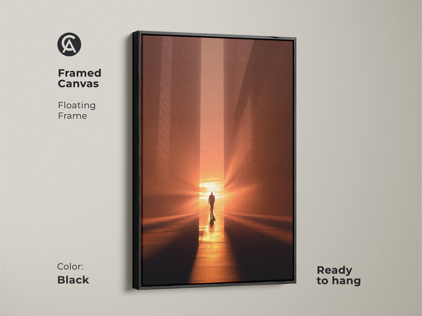Framed canvas with a floating black frame. See the minimalist cityscape canvas art of a man walking in golden light. This inspirational figure art is ready to hang. The urban sunset print adds sophistication to any room modern abstract art space.