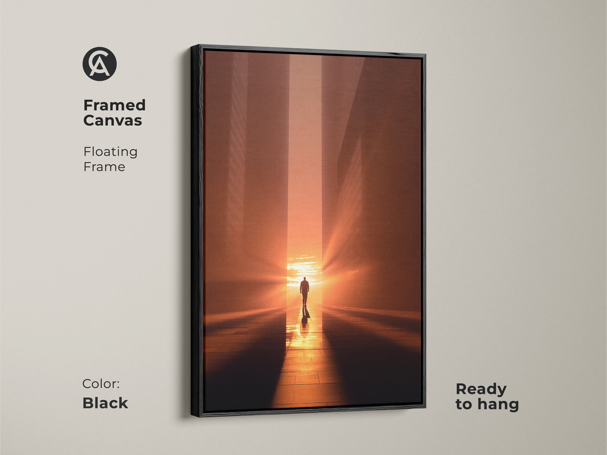 Framed canvas with a floating black frame. See the minimalist cityscape canvas art of a man walking in golden light. This inspirational figure art is ready to hang. The urban sunset print adds sophistication to any room modern abstract art space.
