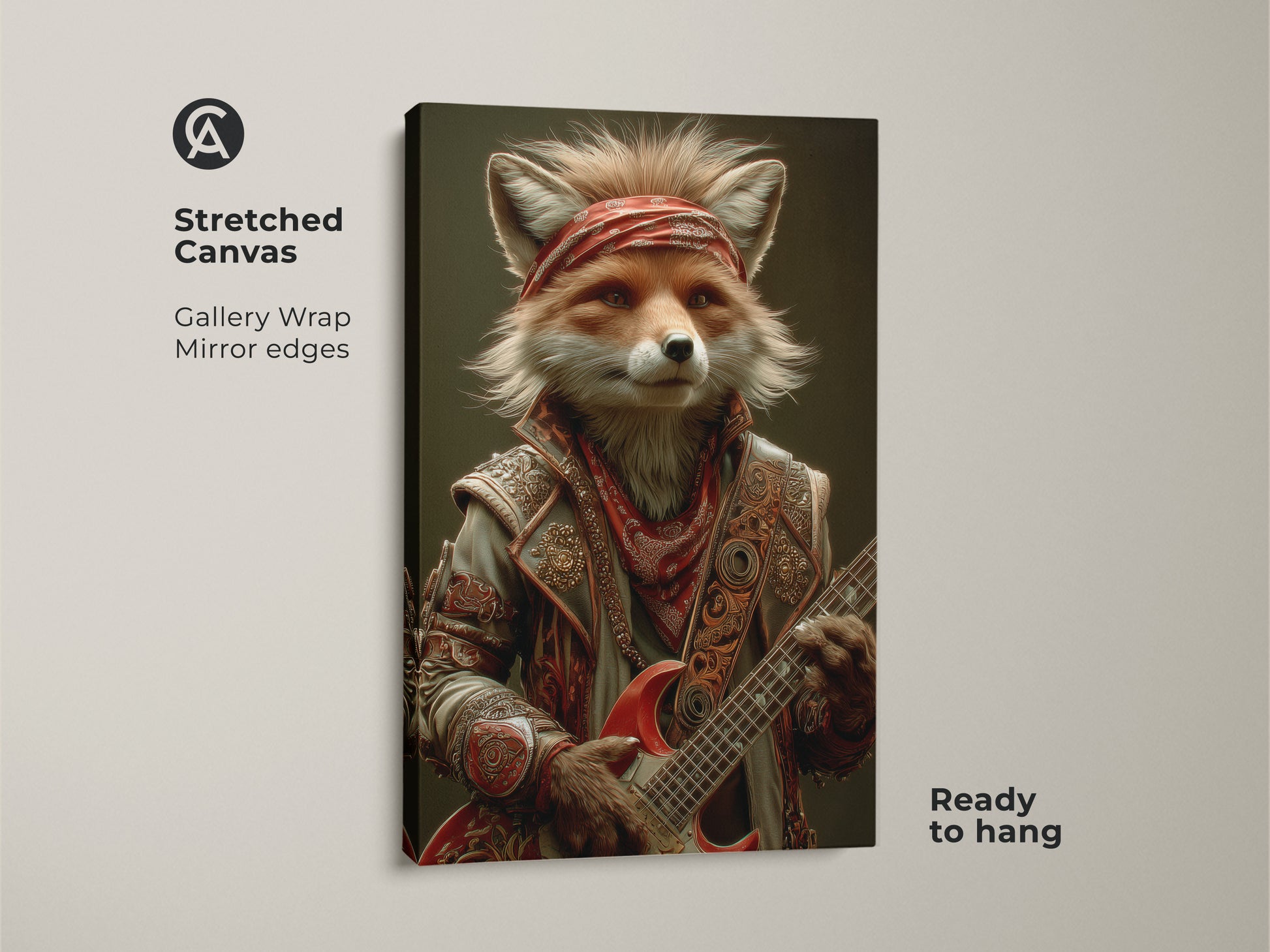 Ready to hang stretched canvas showcasing a fox musician art. This gallery-wrapped print features a cool fox shredding on guitar. It's an ideal piece for eclectic home decor or a music-themed room. The vibrant colors and detailed artwork make it a standout musician gift.