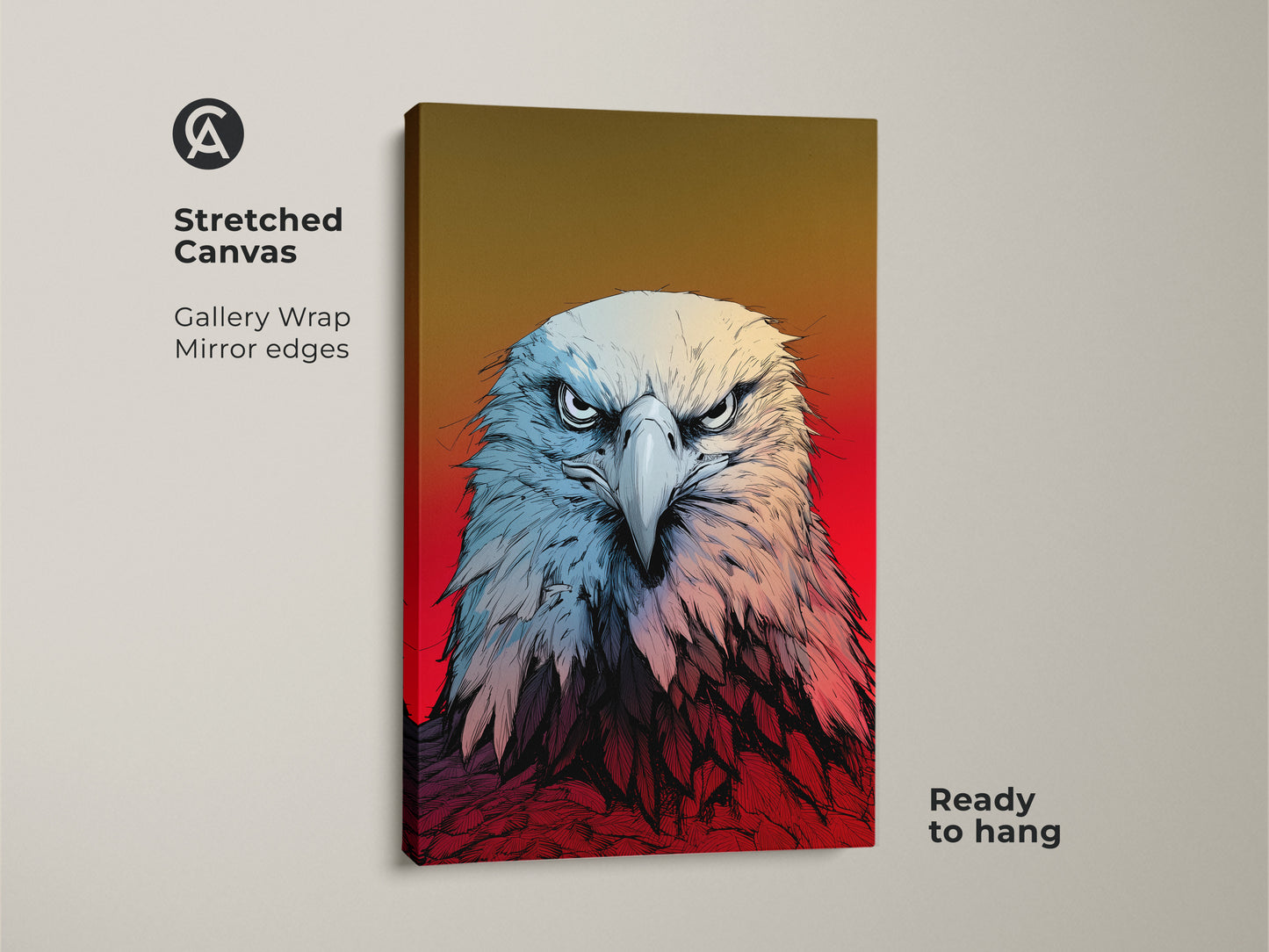 Discover American Eagle Canvas Art ready to hang. This patriotic wall decor showcases a detailed eagle head in a graphic style. Ideal bird of prey decor for your home office. This stretched canvas adds bold animal art to any room. A great gift for Father's Day.
