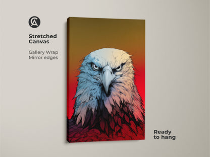 Discover American Eagle Canvas Art ready to hang. This patriotic wall decor showcases a detailed eagle head in a graphic style. Ideal bird of prey decor for your home office. This stretched canvas adds bold animal art to any room. A great gift for Father's Day.