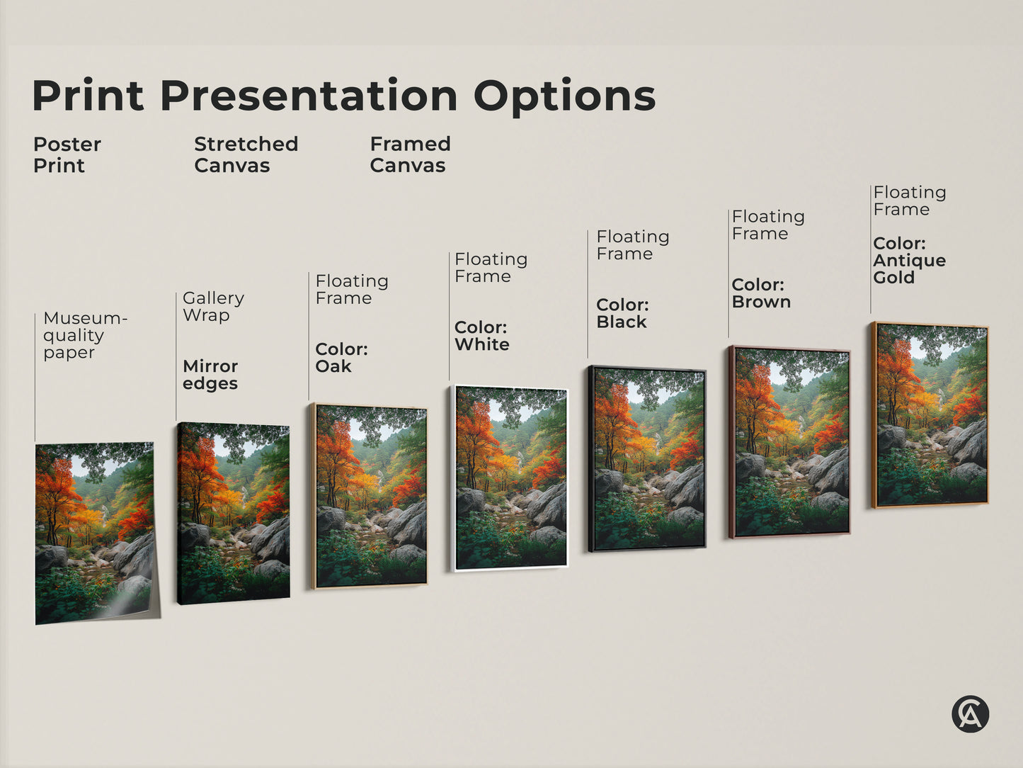 Explore print presentation options. Choose poster prints or stretched canvas art. Framed canvas is also available. Vibrant autumn forest artwork showcases fall foliage. Find the perfect style to complement your home decor today!