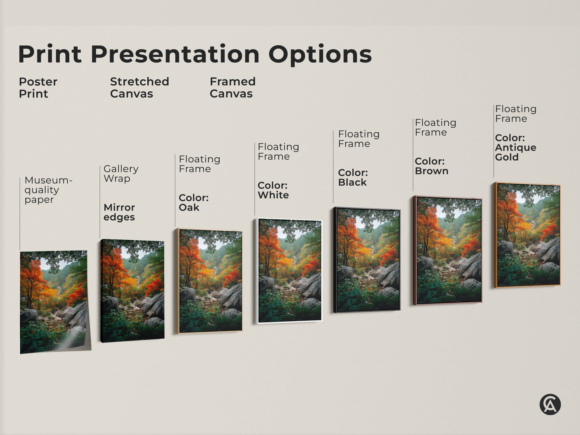 Explore print presentation options. Choose poster prints or stretched canvas art. Framed canvas is also available. Vibrant autumn forest artwork showcases fall foliage. Find the perfect style to complement your home decor today!