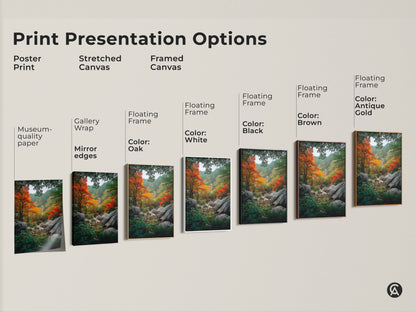 Explore print presentation options. Choose poster prints or stretched canvas art. Framed canvas is also available. Vibrant autumn forest artwork showcases fall foliage. Find the perfect style to complement your home decor today!
