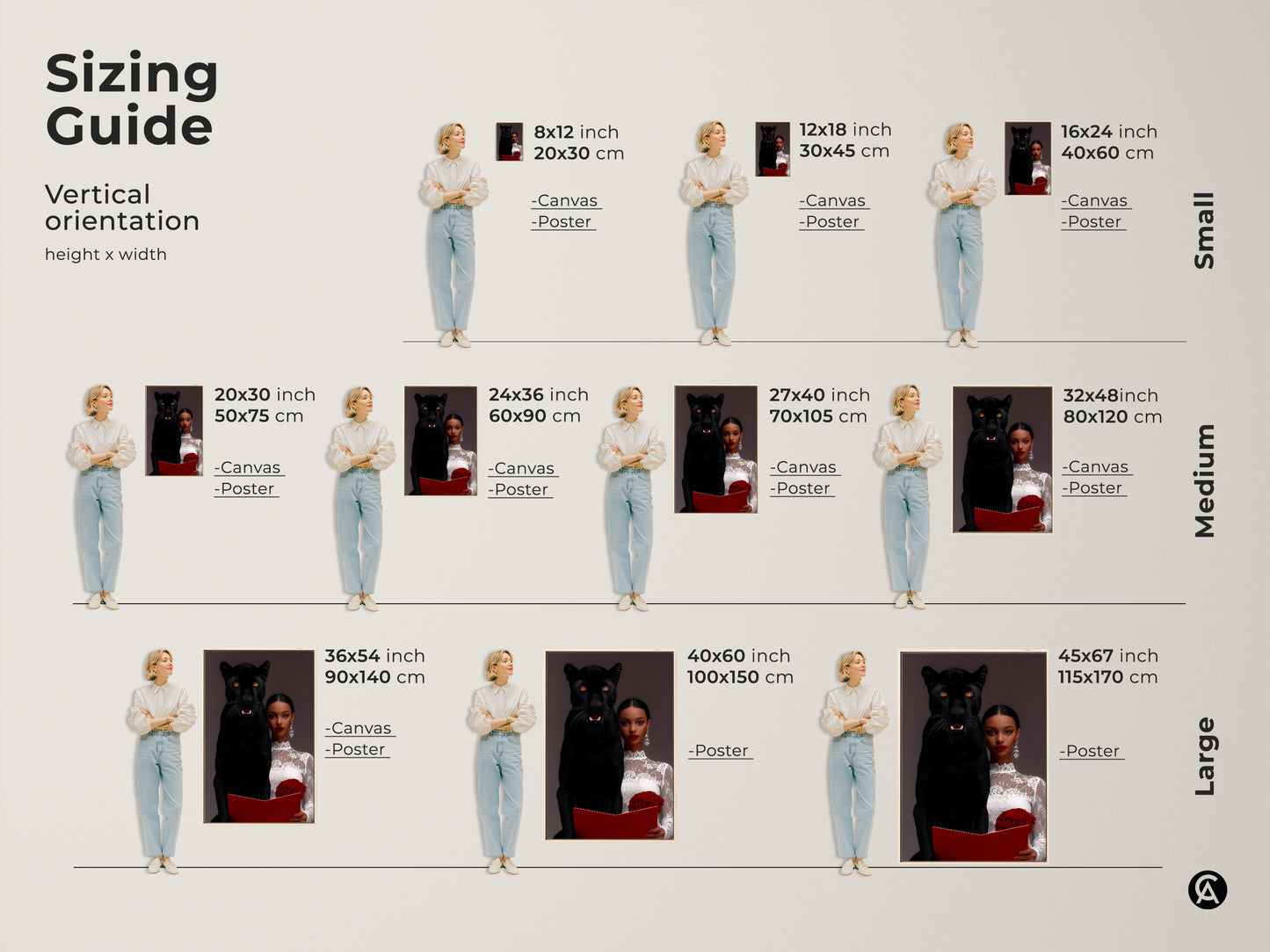 Sizing guide for vertical orientation artwork. Artwork of a woman with a black panther is available in small medium and large sizes. Choose from canvas or poster options.  Sizes range from 8x12 inches to 45x67 inches.