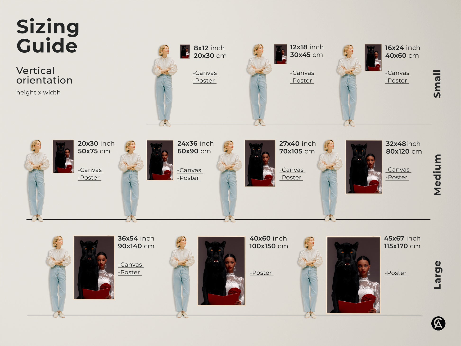 Sizing guide for vertical orientation artwork. Artwork of a woman with a black panther is available in small medium and large sizes. Choose from canvas or poster options.  Sizes range from 8x12 inches to 45x67 inches.