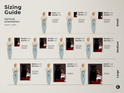 Sizing guide for vertical orientation artwork. Artwork of a woman with a black panther is available in small medium and large sizes. Choose from canvas or poster options.  Sizes range from 8x12 inches to 45x67 inches.