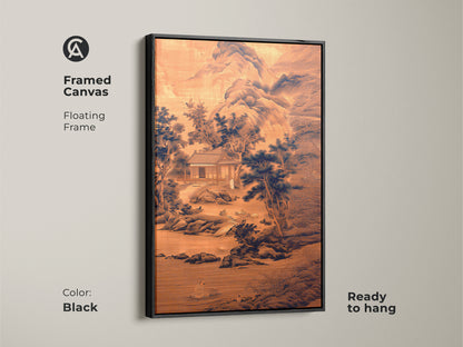 Black framed canvas with floating frame showcasing ink wash mountain artwork. Sepia and navy tones create a traditional Asian art feel. Ready to hang zen meditation decor perfect as a housewarming gift for a study room or office. A timeless fine art print.