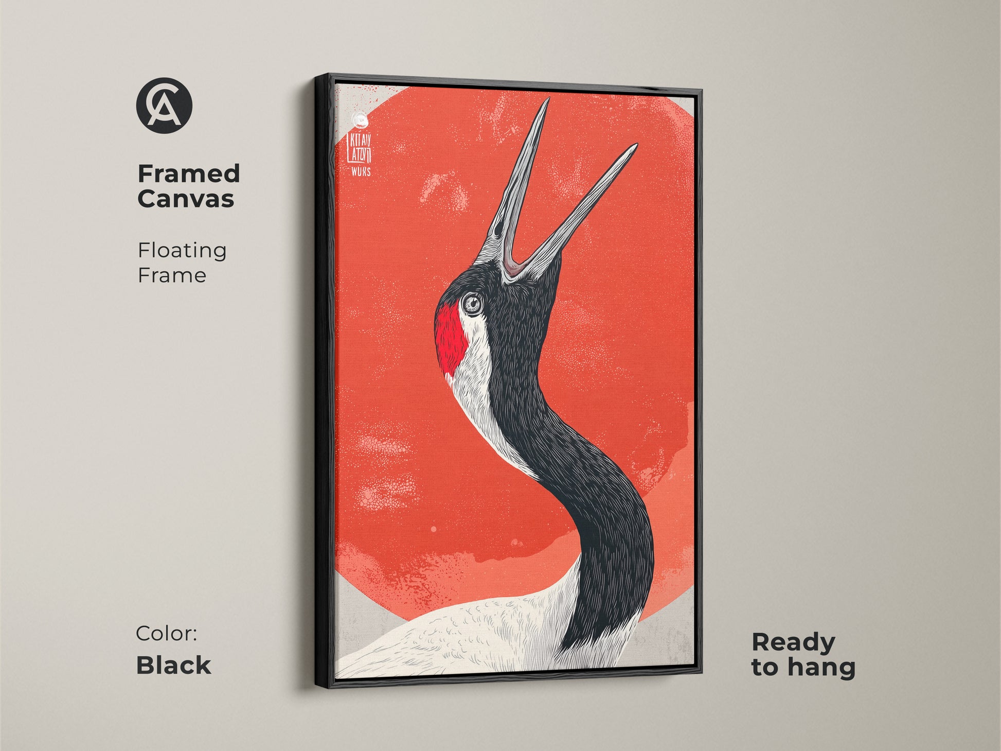 Framed Canvas shows Red Crowned Crane artwork ready to hang in a black floating frame. This wildlife nature canvas print is ideal for contemporary bird art lovers. Enhance your living room with this artistic crane print today.