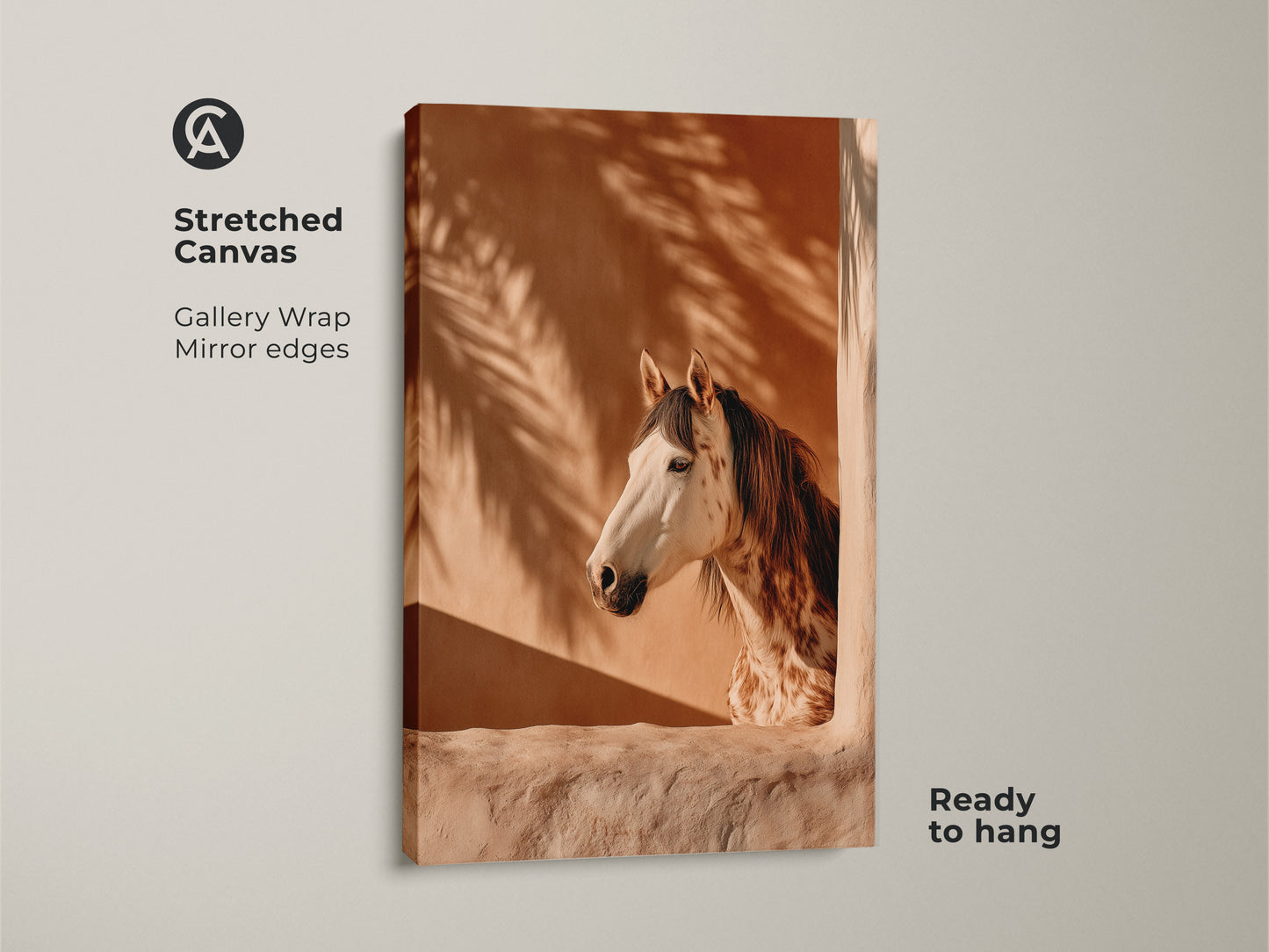 Stretched canvas featuring photorealistic horse art. Boho terracotta wall art with palm fronds creates an equestrian bedroom decor. Ready to hang gallery-wrapped canvas with mirror edges. Ideal gift for horse lovers seeking warm tone animal art. Enhances rustic boho home decor.