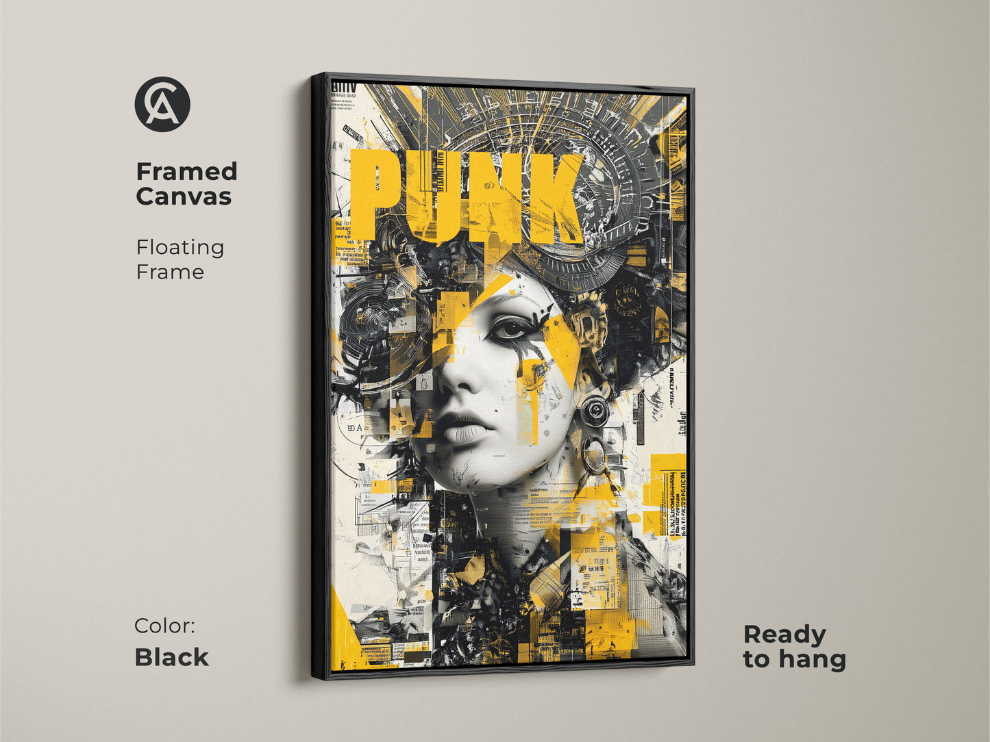 Framed canvas art of a woman with punk inspired headwear. The artwork has a floating frame and is ready to hang. The frame color is black. The artwork features yellow black and white colors.