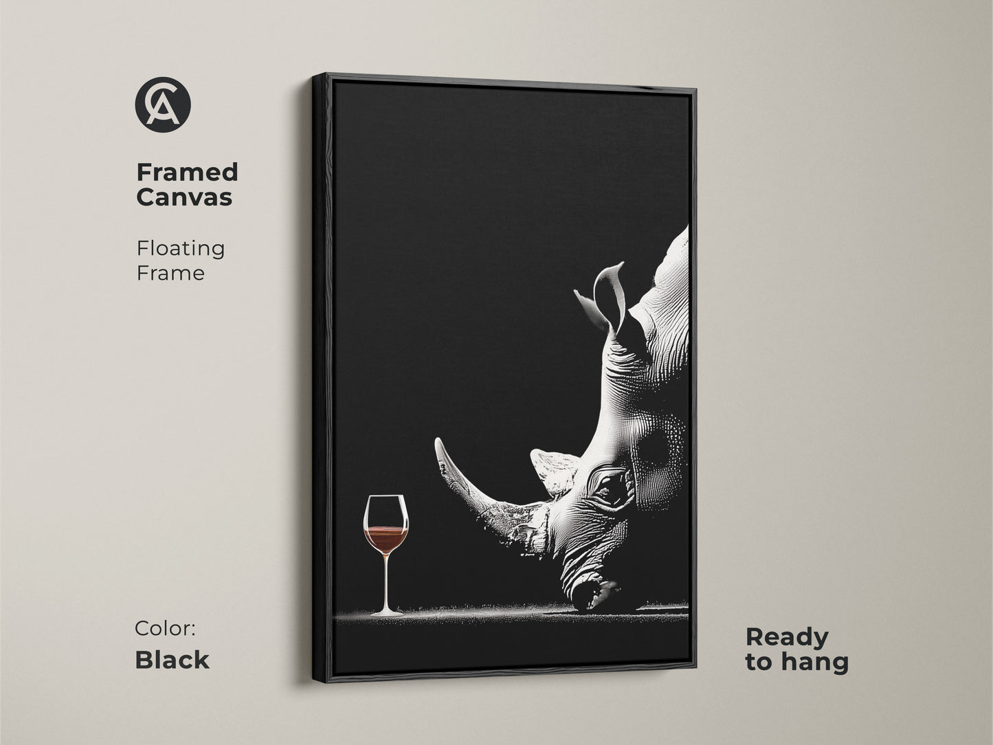 A framed canvas art print showcases a surreal rhino with a wine glass. The monochrome wildlife art features a sleek black frame. Ready to hang this contemporary artwork will elevate your space. A unique animal artwork makes a great office executive gift or sophisticated bar wall decoration.