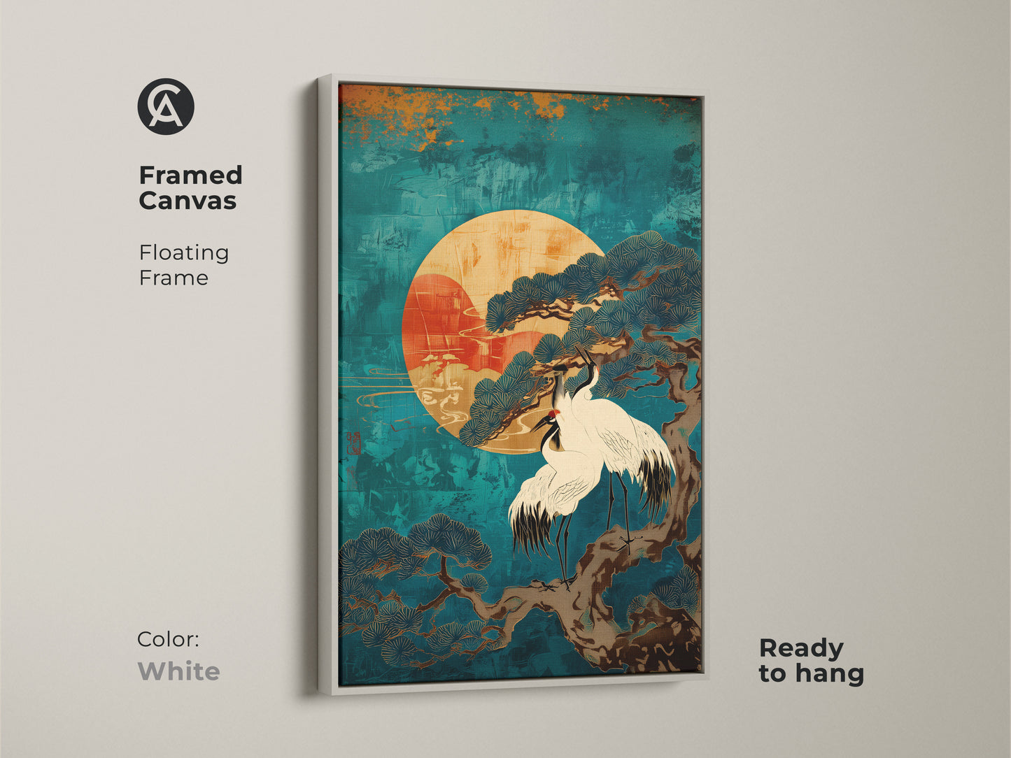 Framed Canvas with white floating frame displaying Japandi Teal Cranes and Pine Tree artwork inspired by Japanese sun art. Ready to hang this Asian nature print brings tranquility and an oriental touch. Ideal as spiritual home decor this calming wall art enhances any meditation space.